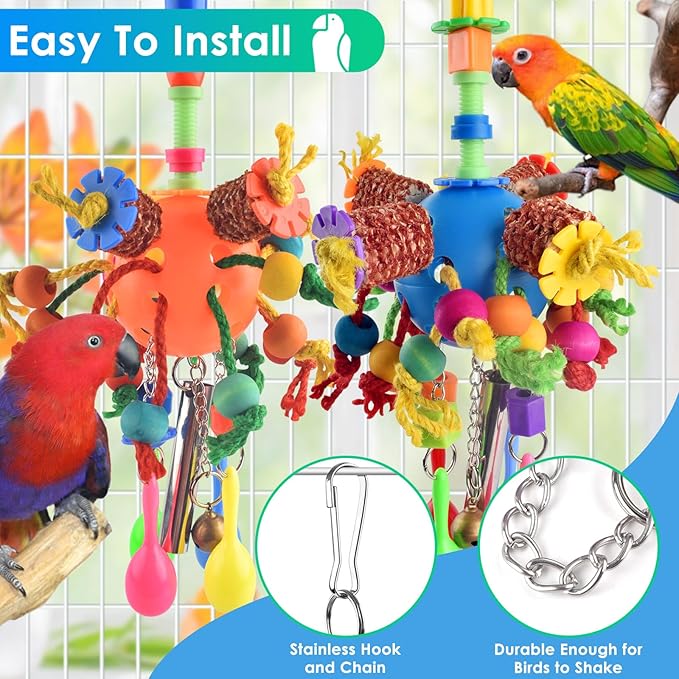 KATUMO Bird Toys, 2PCS Parakeet Foraging Shredder Hanging Toys with Sola Balls Sand Hammer, Parrot Ball Treats for Conure Mini Macaw Cockatiel Lovebird Small-Medium Birds