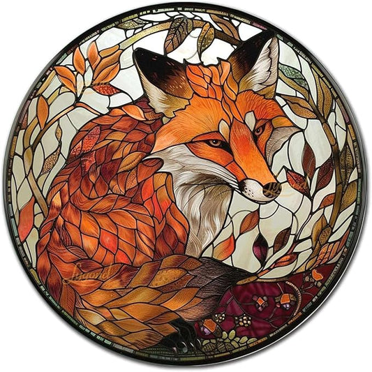 Lygond Metal Sign Tin Sign Circular Stained Glass Red Fox2 Funny Garden Signs For Garage 12×12 Inches