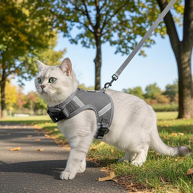 Cat Harness and Leash Escape Proof Kitten Harness Cat Leash for Walking Travel Service Cat Vest, Grey, XX-Large