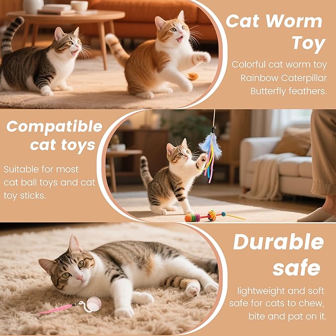 Interactive Cat Toys for Indoor Cats - Cat Ball Toy Attachment with Feather Toys and Worm Toys, Refills for Smart Exercise Cat Ball Tail