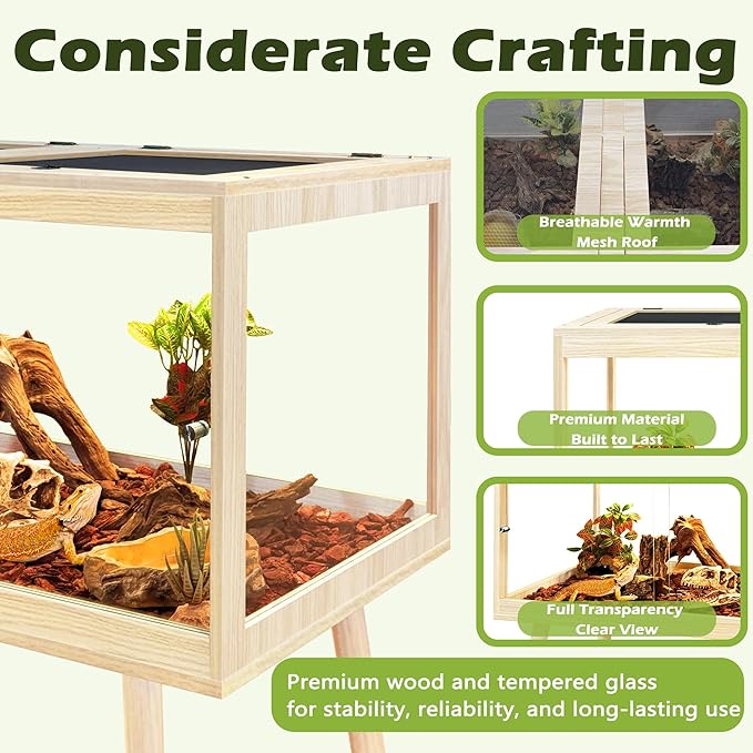 Prolee Bearded Dragon Tank with Leg,Tempered Glass Lizard Tanks and Reptile Enclosure,Up to 78 Gallon Reptile Tank with Metal Mesh and Lockable Door for Spacious Snakes and Chameleon(Oak,24inch)