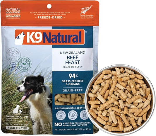 K9 Natural Beef Freeze Dried Dog Food, High-Meat Natural Complete Meal or Meal Toppers for Dogs, Grass-Fed Beef from New Zealand, Grain-Free, GMO-Free, Complete & Balanced Nutrition, 3.5oz