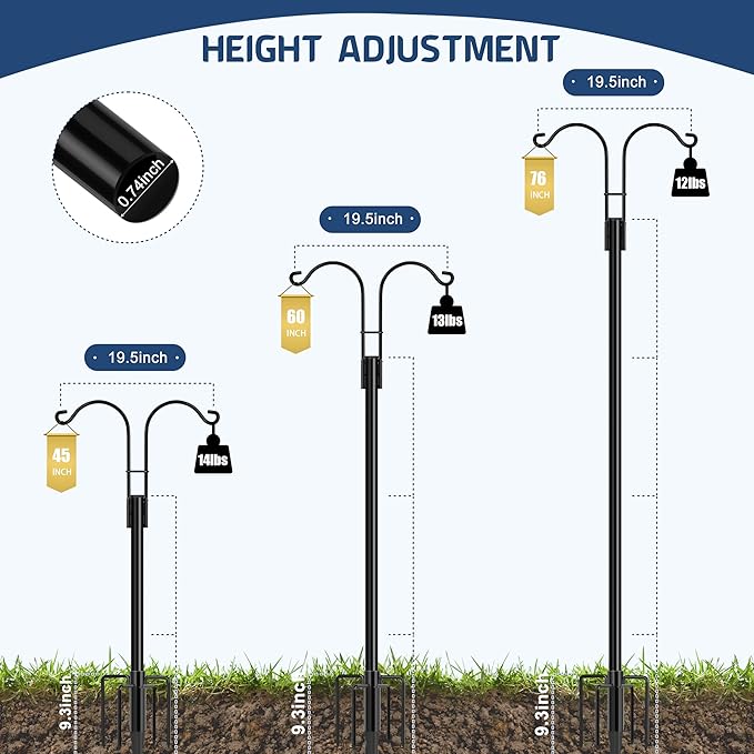 Ottsuls Bird Feeder Pole, 2 Pack 76 INCH Double Shepherds Hooks for Outdoor, Garden Pole with 5 Base Prongs Heavy Duty Planter Hooks for Hanging Plant Baskets, Lantern, Hummingbird Feeder