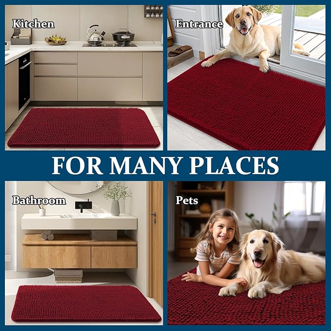 OLANLY Dog Door Mat for Muddy Paws 47x32, Absorbs Moisture and Dirt, Absorbent Non-Slip Washable Doormat, Quick Dry Chenille Mud Mat for Dogs, Entry Indoor Entryway Carpet for Inside Floor, Red