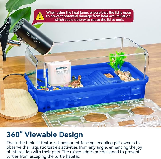 Aquatic Turtle Tank Habitat Kit Stone+Filter+Heat Lamp Enhancing Interaction with 360° Viewing, Standalone Filtration, DIY Creative Zone, Enriched Living (Blue, Medium[with Light])