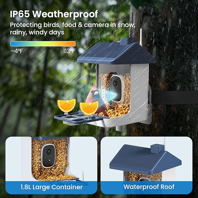 Smart Bird Feeder with Camera, 1.8L Solar Powered Bird Feeders for Outdoors, 2K AI Identify 10,000+ Birds Species, Birds Feeder Camera IP65 Instant Notification, Ideal Gift for Avian Lovers