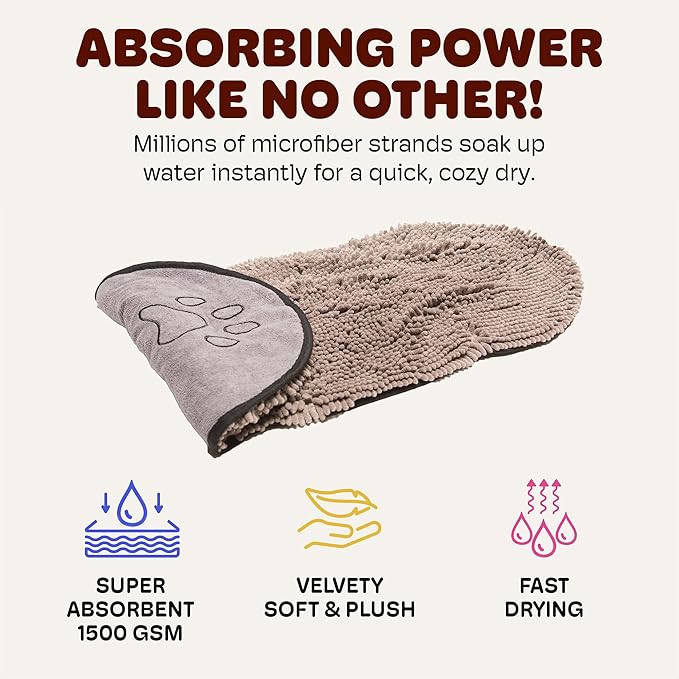 Dog Gone Smart The Dirty Dog Shammy - Fast Drying Plush Shammy Towel with Dual Hand Pockets and Elastic - Super Absorbent Microfiber and Machine Washable - Grey