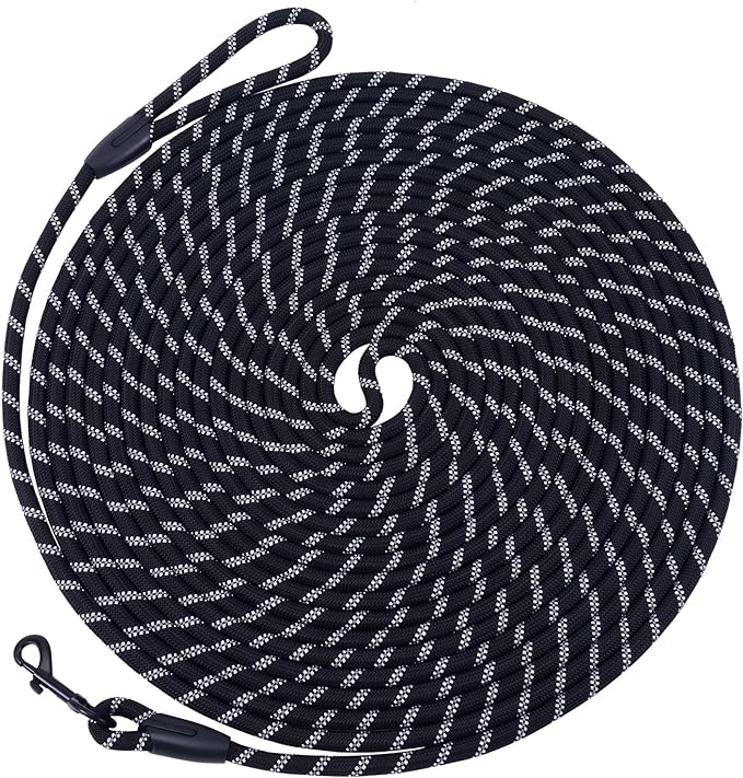 Long Dog Leash for Training 50Ft-Reflective Nylon Rope with Swivel Hook-Recall Agility Lead for Large Small Medium Dogs Outside Walking Hiking-Black