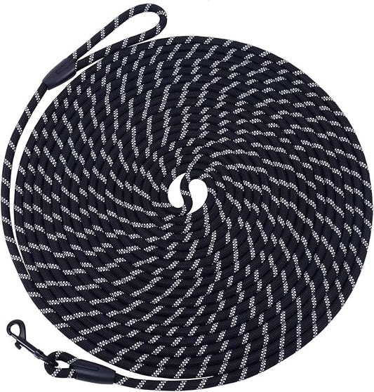 Long Dog Leash for Training 30Ft-Reflective Nylon Rope with Swivel Hook-Recall Agility Lead for Large Small Medium Dogs Outside Walking Hiking-Black