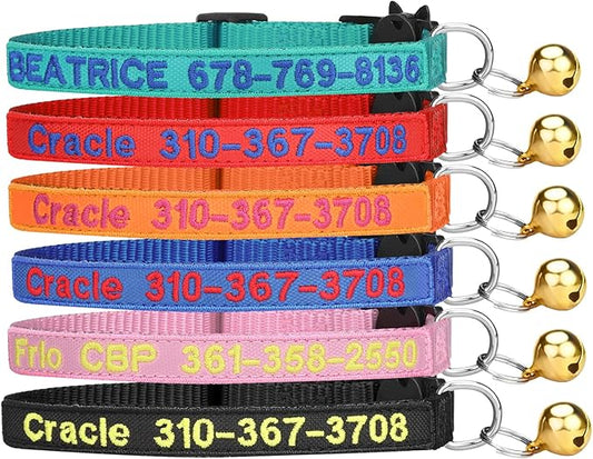 shangye Personalized Cat Collar, Custom Embroidered Cat Collars with with Name and Phone Number, Nylon ID Collar for Cat or Kitten with Breakaway Safety Release Buckle with Bell