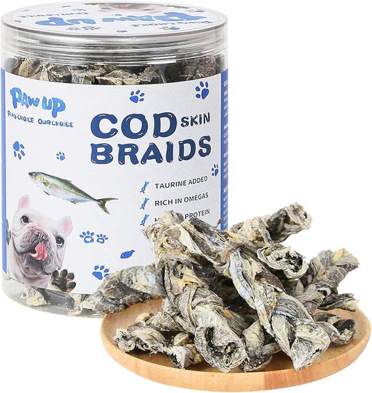 Cod Fish Skin Braids Dog Treats Natural Dried Dog Snacks Sticks, High Omega-3 Single Ingredient Cod Skin Chews w/Taurine, 7 oz