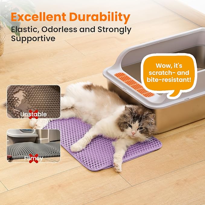 Small Cat Litter Mat, 20x14’’ Double Layer Honeycomb Cat Litter Box Mat, Non Slip Waterproof Urine Proof Litter Trapping Mat for Floor, Kitty Litter Pad, Indoor Pet Supplies, Purple