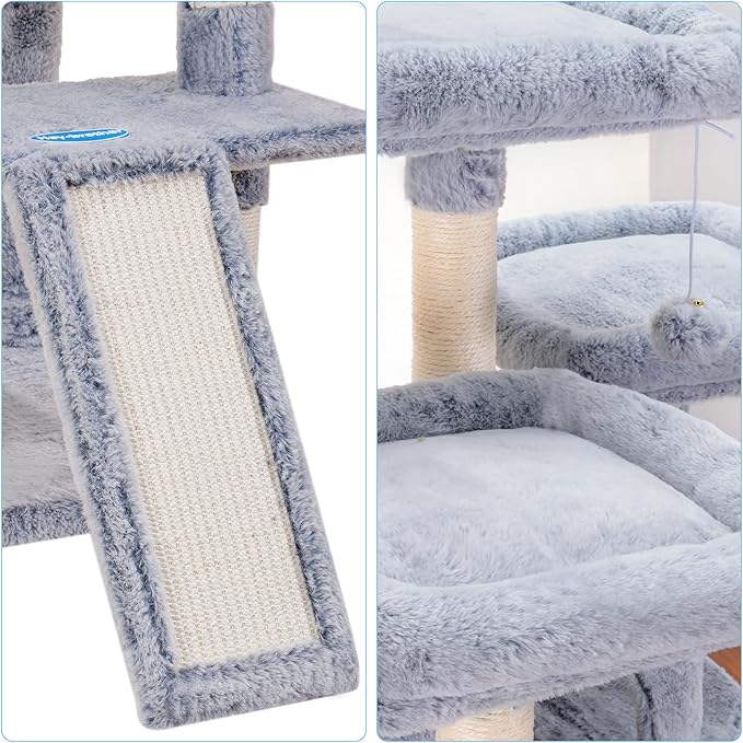 Hey-brother Cat Tree, 71 inches XL Large Cat Tower for Indoor Cats, Multi-Level Cat House with 3 Padded Perches, Big Scratcher, Cozy Basket, 2 Cat Condos and Scratching Posts,Pewter MPJ034PE