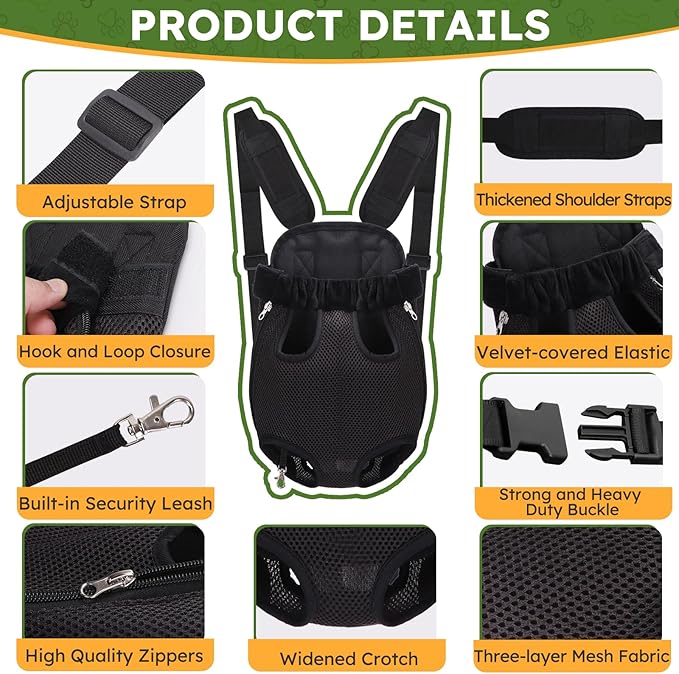 Pet Carrier Backpack, Hands-Free Adjustable Dog Front Carrier Legs Out & Easy-Fit Dog Backpack Carrier for Hiking Camping Traveling Cycling for Small Dogs and Rabbits (Large, Black)