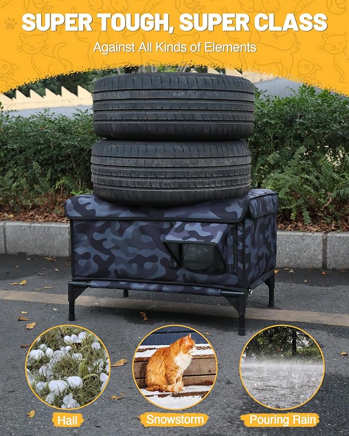 Premium Heated Cat House for Outside Cats, 100% Weatherproof & Windproof Escape Door, Elevated Base, Winter Insulated Feral Stray Outdoor Cat Shelter with Heater
