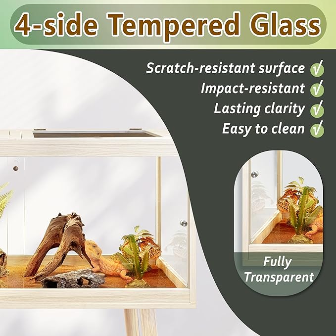 Prolee Tempered Glass Reptile Enclosure with Leg,48“ Scratch-Proof Bearded Dragon Tank,79 Gallon Lizard Tank with Metal Mesh Tops and Lockable Door,Spacious Reptile Habitat for Snake,Lizard (Oak)