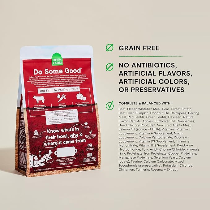 Open Farm, Grain-Free Dry Dog Food, Complete & Balanced Kibble, Sustainably & Ethically Sourced Ingredients, Non-GMO Veggies & Superfoods to Support Overall Health, Grass-Fed Beef Recipe, 11lb Bag