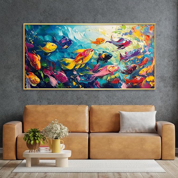 School of Fish Printed Canvas Wall Art – Framed Abstract Ocean Print – Vibrant Fish Wall Decor for Living Room, Bedroom, Office (Gold Framed, 24"x12"|60x30cm)