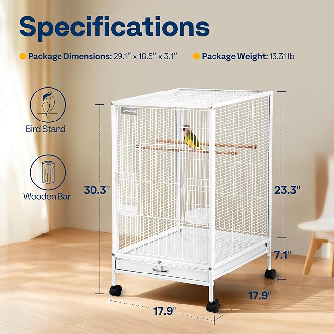 VIVOHOME 30 Inch Height Wrought Iron Bird Cage with Rolling Stand for Conures Lovebirds Cockatiels Finches, White