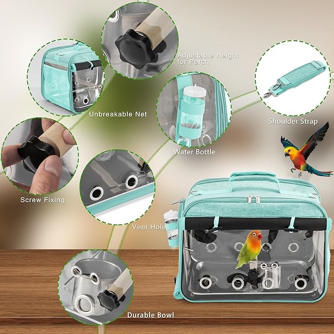 Suertree Bird Carrier Airline Approved, Bird Travel Cage with Indestructible Stainless Steel Mesh, Bird Travel Bag Lightweight and Portable with Water Bottle and Bowl