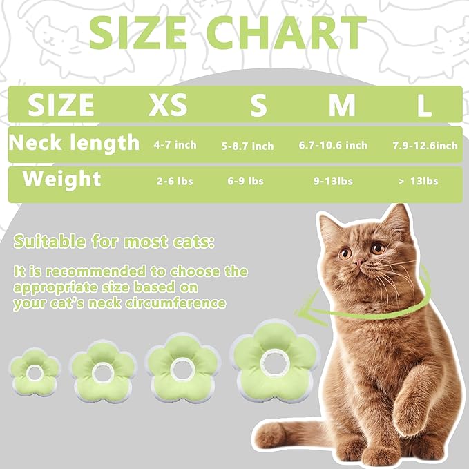 Cat Cone Collar Soft, Waterproof Cats Cones to Stop Licking After Surgery, Adjustable Soft Elizabeth Cats Collars for Wound Healing, Flower Shape Cat Recovery Collar (Green, Medium)