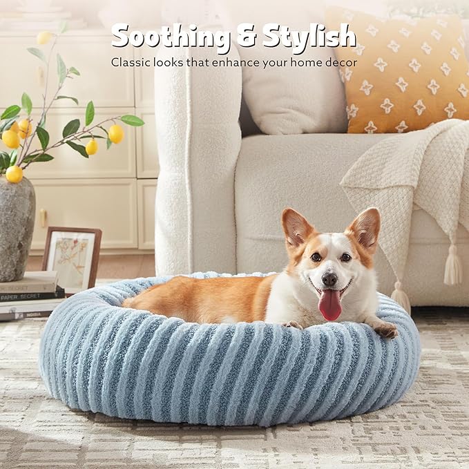 MIXJOY Dog Bed Medium Size Dogs, Washable Medium Dogs Bed with Removable Cover, Cozy Donut Dog Ded Fluffy Plush Faux Fur Pet Bed with Anti-Slip Bottom, 30"x30"x8", Blue