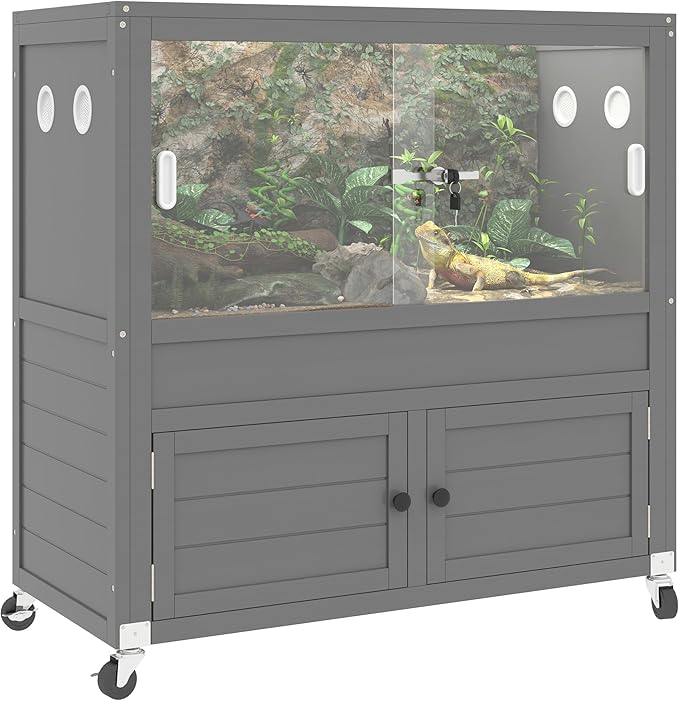 40 Gallon Reptile Tank with Storage Cabine,Bearded Dragon Tank with Stand,Reptile Enclosure with Sturdy Locks, Heat-Resistant Mesh Top, Adjustable Cabinet and 4 Wheels