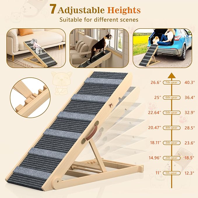 𝟮𝟬𝟮𝟱 𝐔𝐩𝐠𝐫𝐚𝐝𝐞𝐝 Dog Ramp, Portable Pet Ramp for Large Small Old Dogs Cats with 7 Adjustable Heights 11" to 26.6", Non-Slip High Traction Ramp for High Bed, Couch, Hold up to 200 LBS