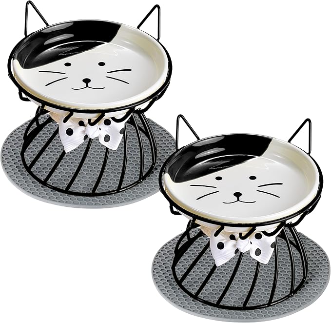 2PCS Ceramic Elevated Cat Bowls, Raised Pet Food Bowl Whisker Friendly, Anti-Vomiting Food Plate with Cute Metal Stand, Shallow Food Plate for Indoor Cat, Protects Spine
