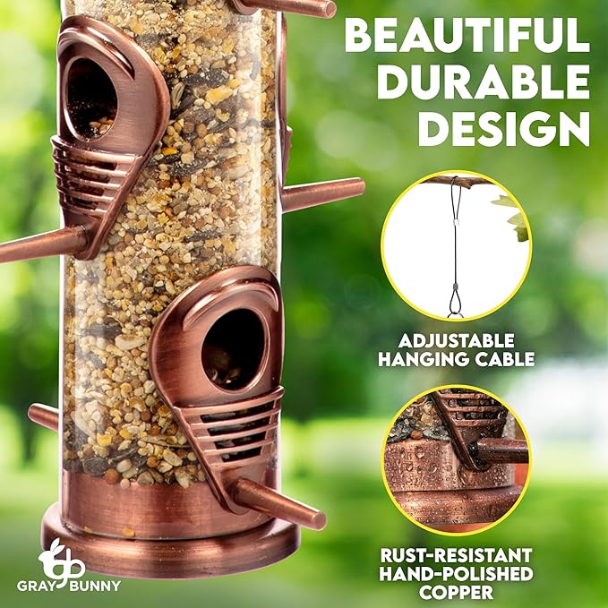 Bird Feeders for Outdoors (Brushed Metal Copper) Squirrel Proof Hanging Bird Feeders with Locking Lid & Adjustable Hanger, Chew-Proof, Weather Resistant 15 Inches 6 Port