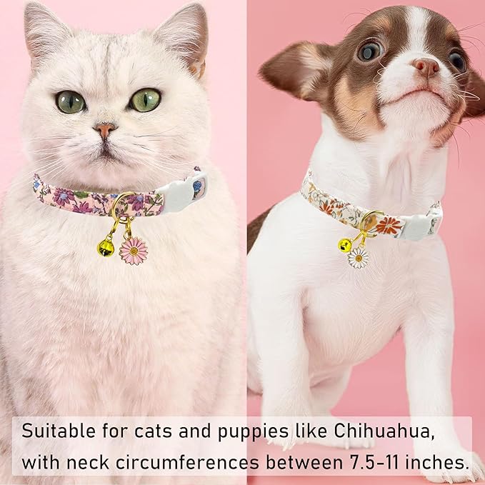 2 Pack Cotton Breakaway Cat Collars Set with Bell and Flower Pendant, Cute Floral Fruit Patterned, Adjustable 7.5-11Inch, Include A Mouse Toy Gift