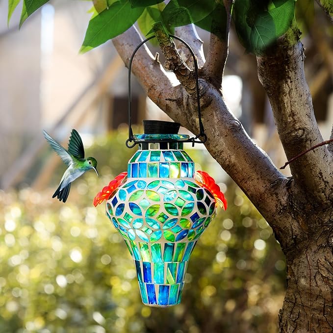 VOREEN Mosaic Glass Hummingbird Feeders for Outdoors Hanging, Hand Blown Hummingbird Feeders, Porch Garden Backyard Decor, Decorative Gift for Mom Wife Friend, 2pcs, Blue and Red
