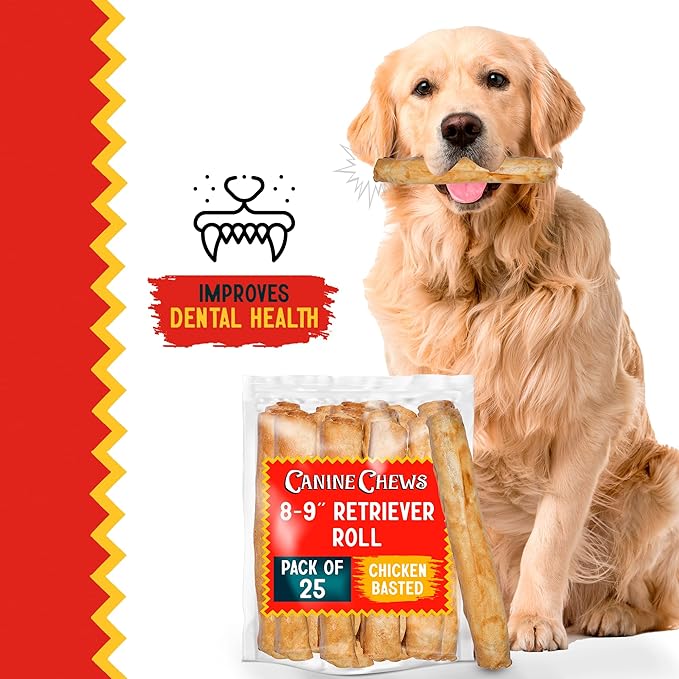 Canine Chews 8-9" Chicken Basted Dog Rawhide Retriever Rolls (25 Pack) - USA-Sourced Chicken Basted Dog Chews - Healthy Dental Chews