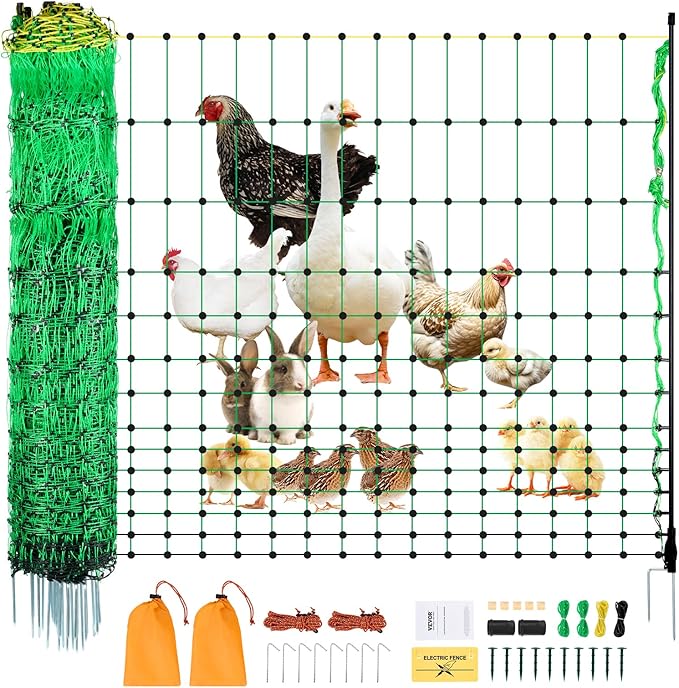 VEVOR Electric Fence Netting, 48" H x 100' L, PE Net Fencing Kit with Posts & Double-Spiked Stakes, Utility Portable Mesh for Chickens, Ducks, Geese, Rabbits, Used in Backyards, Farms, and Ranches