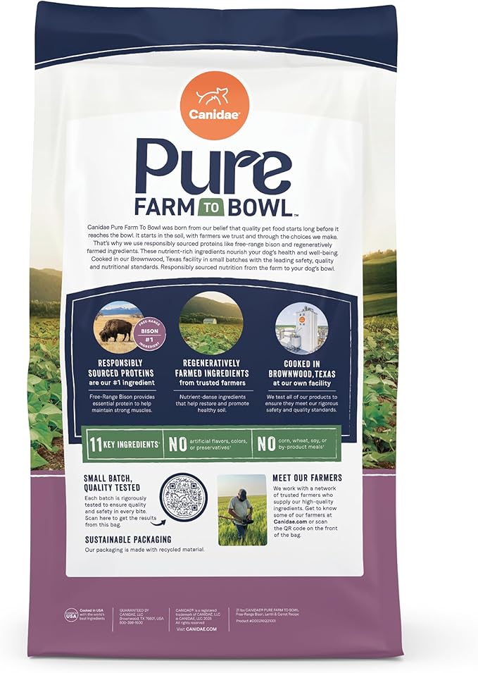 Canidae Pure Farm to Bowl Free-Range Bison, Lentil & Carrot, Adult, Grain-Free Dry Dog Food, 10lb