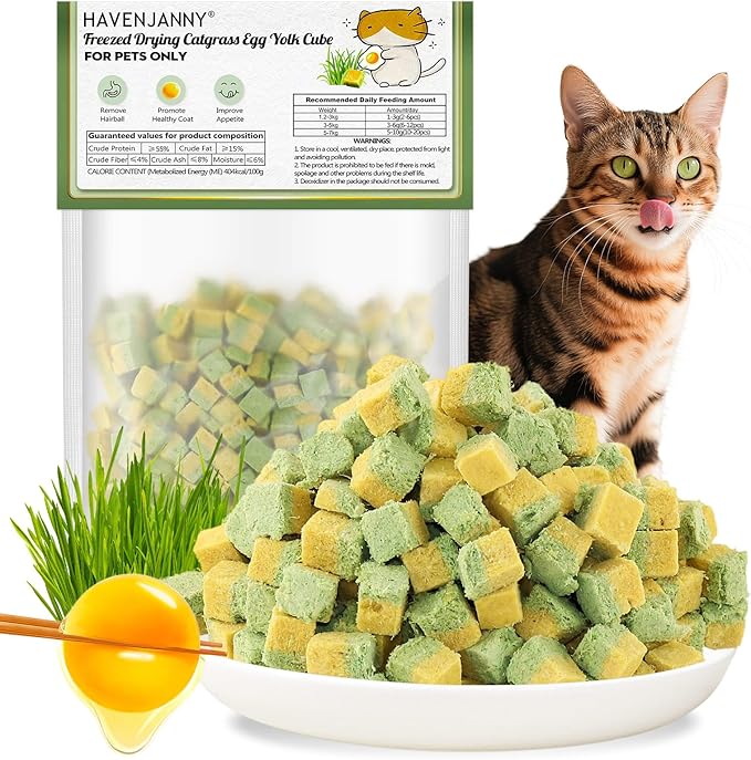 HavenJanny Freezed-Dried Cat Grass Treats, Catgrass Egg Yolk Duo Bites, Cat Dental Treats for Hairball Control and Healthy Coat, Cats Teething Stick (60g, EggYolk)