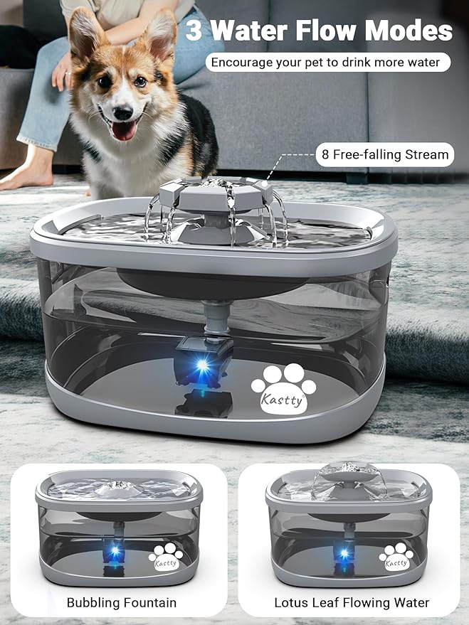 Kastty 2.5Gal/9.5L Dog Water Fountain Extra Large Pet Water Fountain 3 Flow Modes Cat Water Fountain Larger Filter Filtration& Smart LED Pump& Safe Touch, BPA-Free, Quiet for Large Dogs Pets FS68