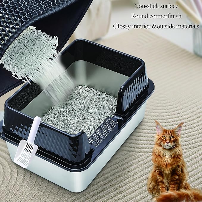 Vealind Stainless Steel Cat Litter Box High Sided Metal Cats Litter Pan Tray Enclosed with Scoop Mats Non-Sticky Anti-Leakage Easy Cleaning Kitty Litter Boxes