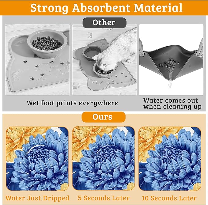 Blue Yellow Flowers Dog Food Mat, Absorbent Pet Feeding Mat for Food and Water Bowl,Quick Dry Dog Placemat Non Slip Rubber Backing Waterproof Pet Supplies 12" x 20"