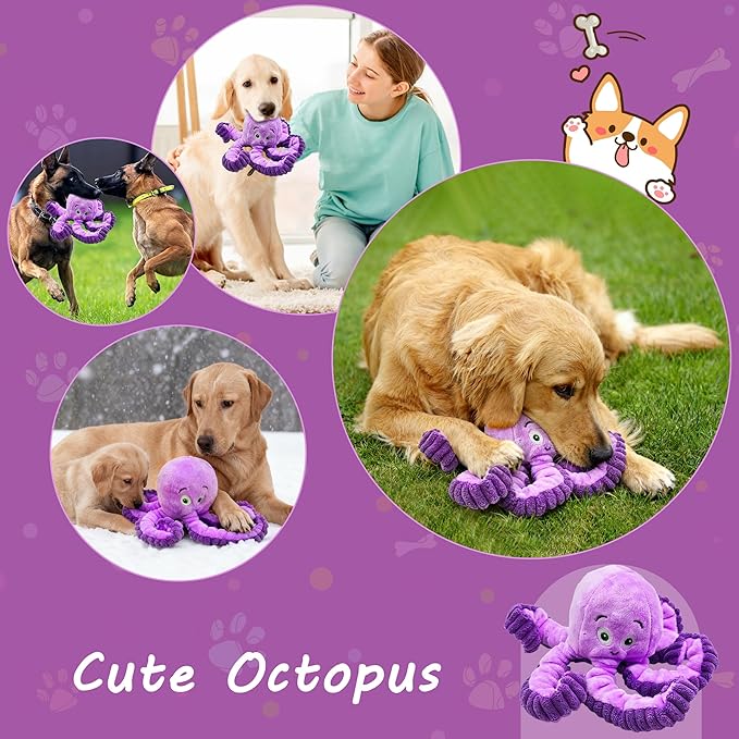 Squeaky Dog Toys, Stuffed Large Dog Toys to Keep Them Busy, Interactive Plush Chew Toys with Crinkle Paper, Tough Pet Animal Toys for Small Medium Large (Purple Octopus)