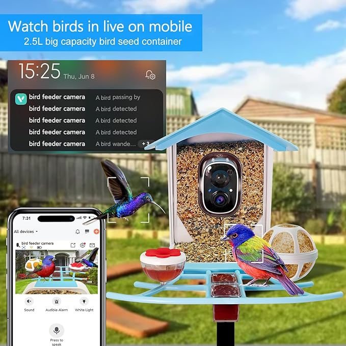 64GB Smart Bird Feeder with Camera Solar Powered, 2K 3MP HD Live Video &Playback on Phone, AI Identify +10,000 Bird Species, 2.4G WiFi Bird Feeder Camera Wireless Outdoor House-Bird Watching (Blue)