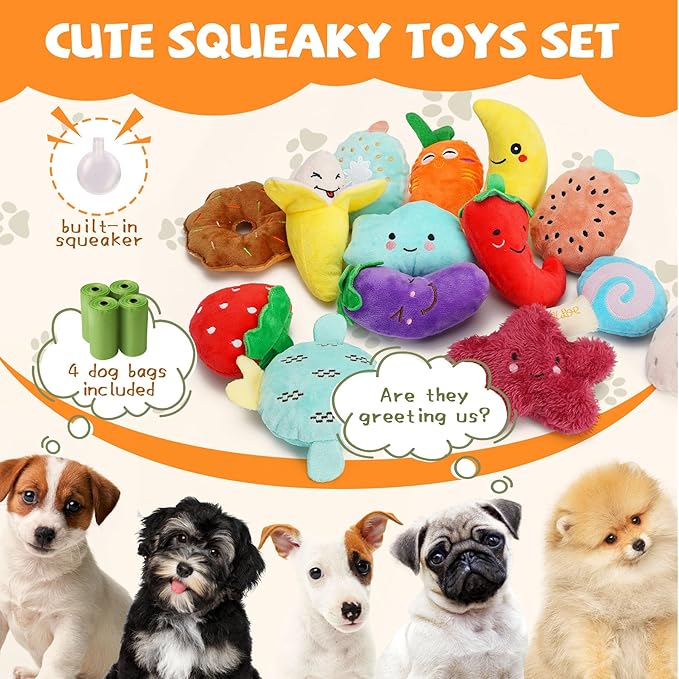 Charming Chorus 20-Pack Squeaky Dog Toys Set - Included 4 Dog Bags, Plush Puppy Toys with Irresistibly Cute Characters for Small Dogs, Interactive Dog Squeak Toys for Fun&Teeth Cleaning