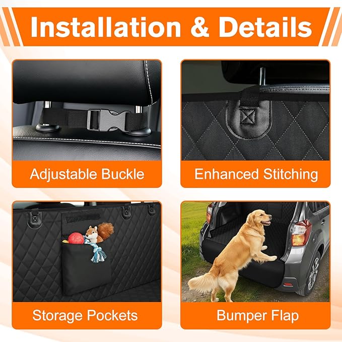 SUV Cargo Liner for Dogs - Waterproof Dog Car Seat Cover Mat for SUVs, Sedans, Vans & Trunks with Non-Slip Bumper Flap Protector, Scratchproof Large Size Universal Fit, Black
