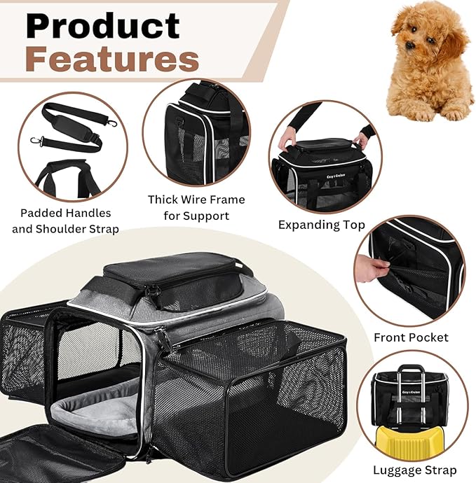 Airline Approved Top-Expanding Pet Carrier on Wheels- Extra Spacious Soft Lined Carrier! 18x11x11 (Grey, Expanding Sides)