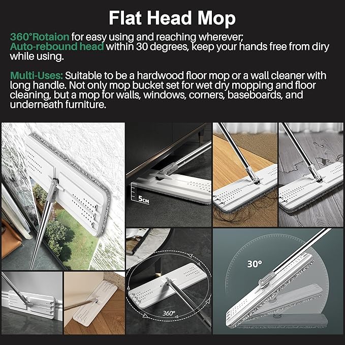 JOYMOOP Mop and Bucket with Wringer Set, White Flat Squeeze Mop Bucket Set for Floor Cleaning, Wet Dry Mop for Walls, Wall Cleaner with Long Handle, Hardwood Floor Mop-5 Microfiber Cloths