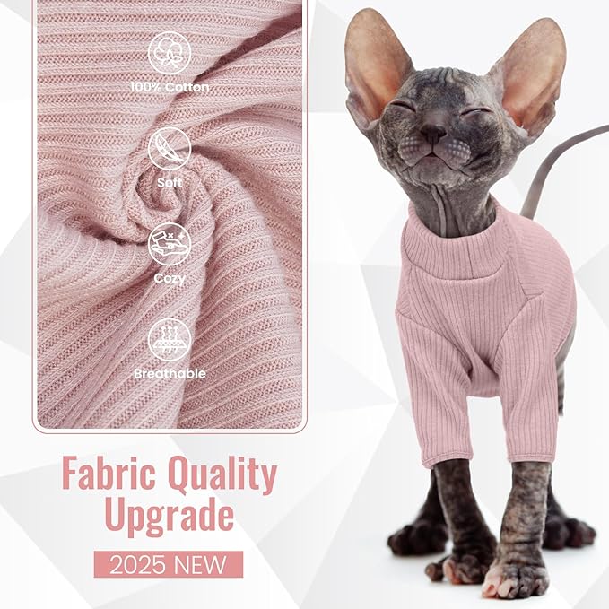 DENTRUN Sphynx Hairless Cats Shirt Pullover Kitten T-Shirts, Breathable Cat Wear Turtleneck Sweater Adorable Cat's Clothes Vest Pajamas Jumpsuit