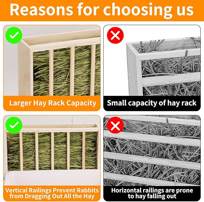 3 in 1 Rabbit Litter Box with Hay Feeder and Bowls - Wooden Rabbit Hay Feeder for Guinea Pig, Hamster, Small Animals