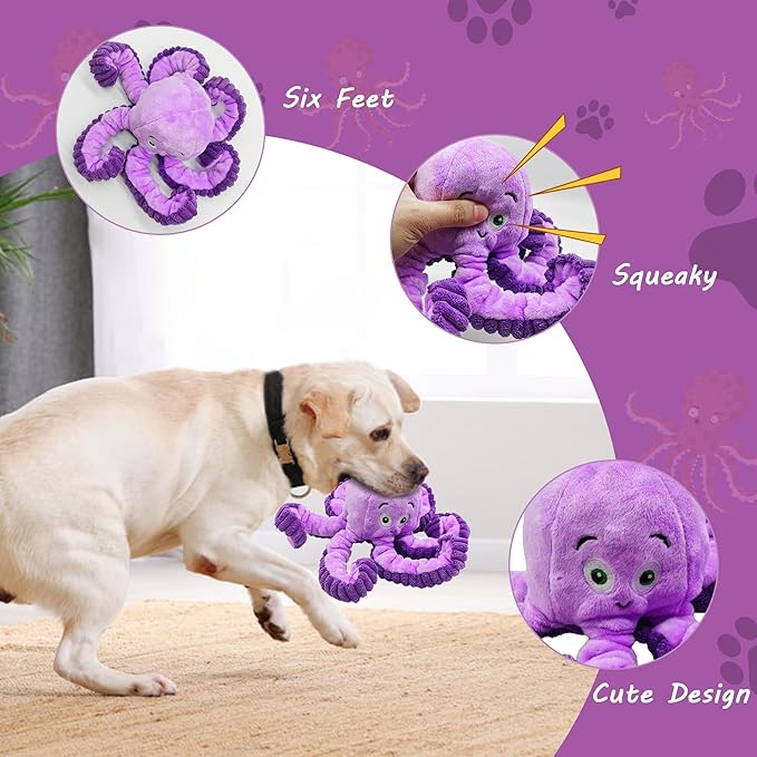 Squeaky Dog Toys, Stuffed Large Dog Toys to Keep Them Busy, Interactive Plush Chew Toys with Crinkle Paper, Tough Pet Animal Toys for Small Medium Large (Purple Octopus)