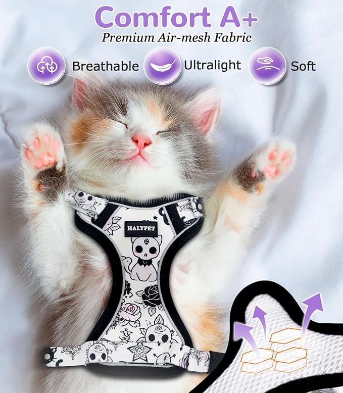 Halypet Cat Harness and Leash Set for Walking, Escape Proof Adjustable Vest Harness with 3-in-1 Integrated Buckles, Easy Control Soft Breathable Mesh with Reflective Strips for Cats, M, Moonlight Meow