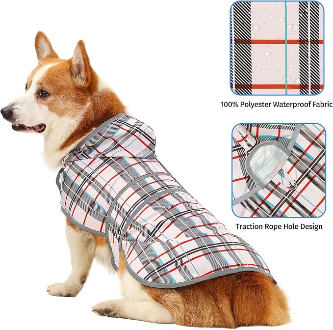 Dog Raincoat for Medium Dogs Waterproof Hooded Rain Jacket with Reflective Strips Leash Hole & Poncho Adjustable Fit (Plaid,L)